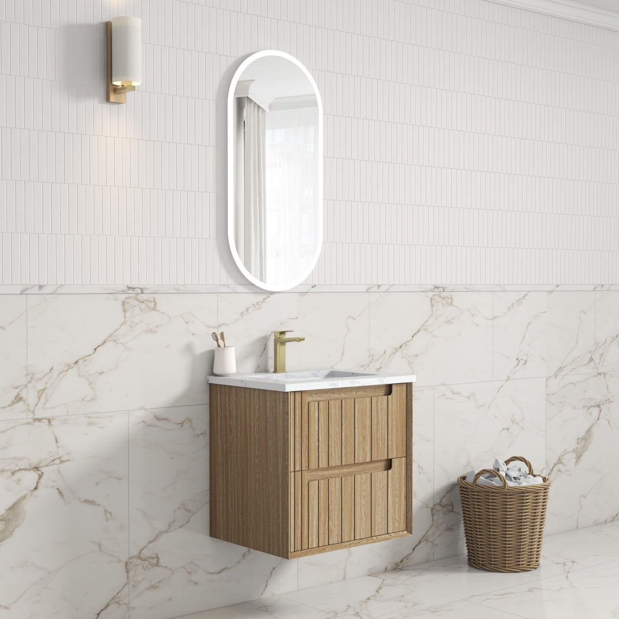 Voulari 600mm Harvest Oak Wall Hung Vanity - Framed side view