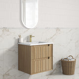 Voulari 600mm Harvest Oak Wall Hung Vanity - Framed closer look to side view of the vanity