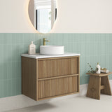 closer look of  Venetta 750mm Harvest Oak Wall Hung Vanity - Fluted Framed side view