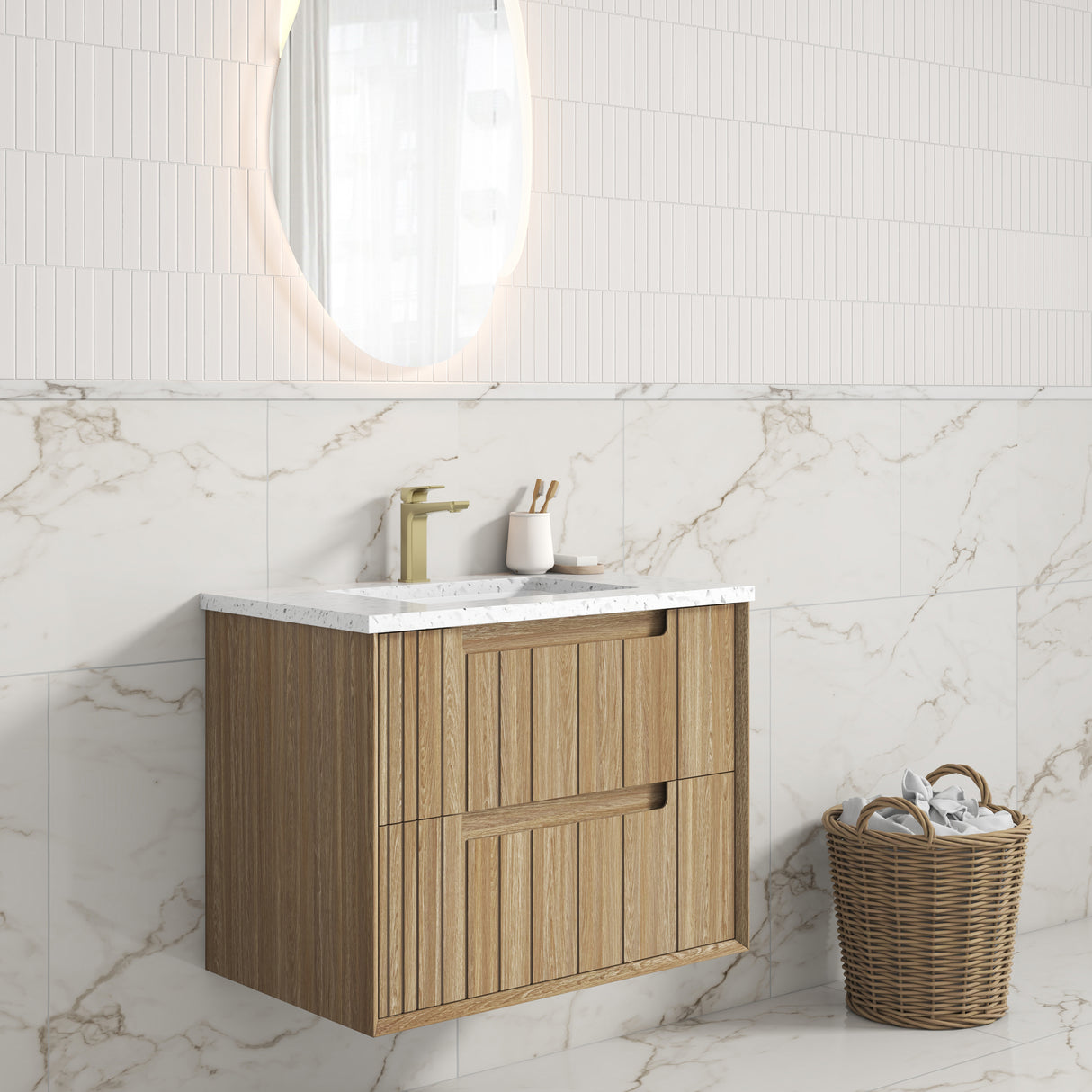 Voulari 750mm Harvest Oak Wall Hung Vanity - Framed side view