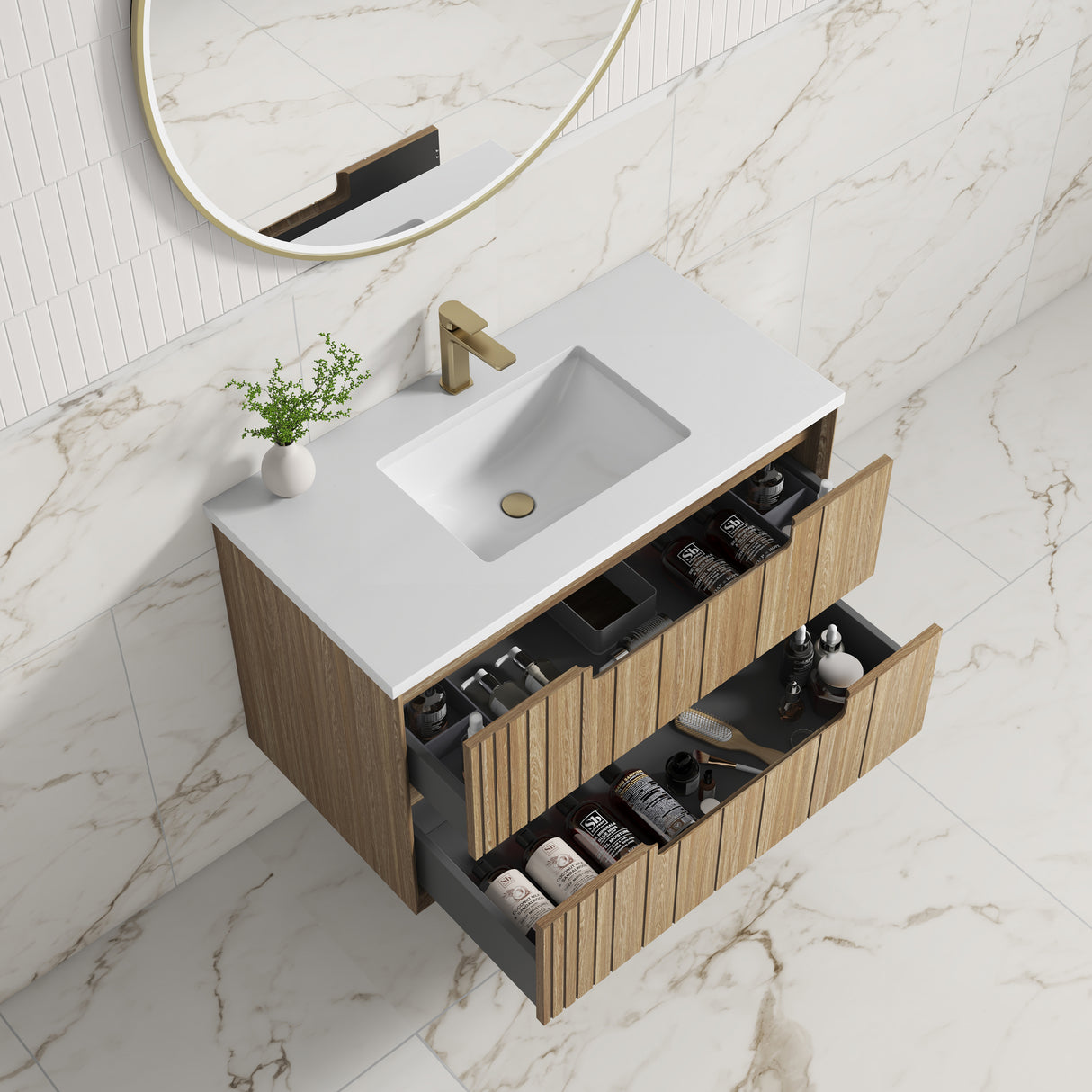 Voulari 750mm Harvest Oak Wall Hung Vanity - Framed top view