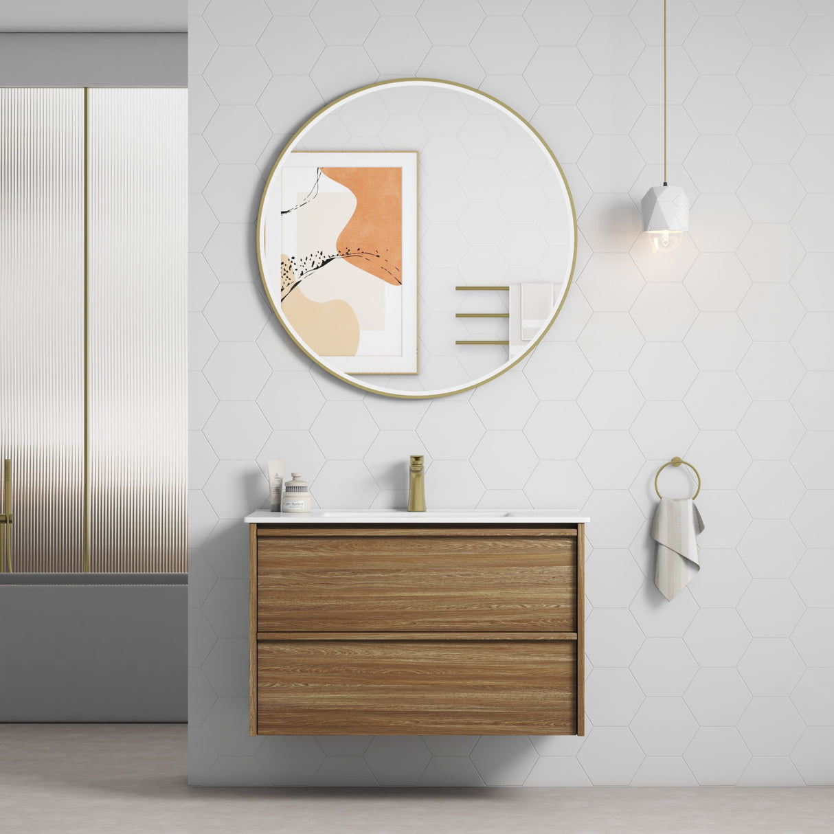 Venetta 900mm Harvest Oak Wall Hung Vanity - Framed front view