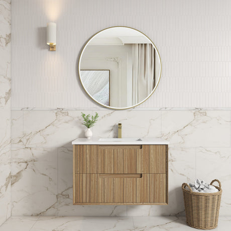 Voulari 900mm Harvest Oak Wall Hung Vanity - Framed front view