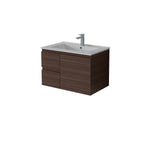 A modern wall-mounted bathroom vanity with a dark brown wood-grain cabinet, a white integrated sink, and a chrome faucet, shown on a plain white background.