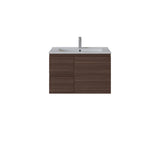 A modern wall-mounted bathroom vanity with a dark brown wood-grain cabinet, a white integrated sink, and a tall chrome faucet, shown against a plain white background.