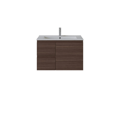 A modern wall-mounted bathroom vanity with a dark brown wood-grain cabinet, a white integrated sink, and a tall chrome faucet, shown against a plain white background.