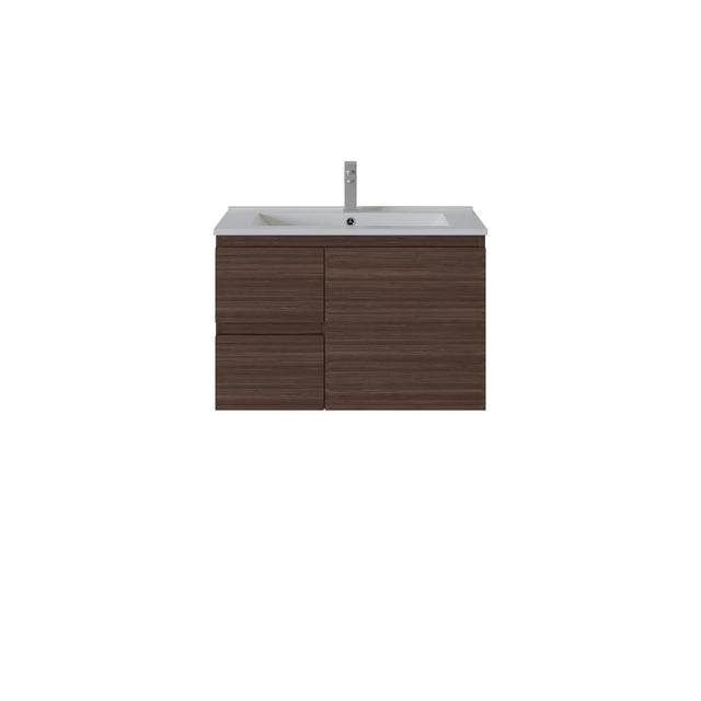 A modern wall-mounted bathroom vanity with a dark brown wood-grain cabinet, a white integrated sink, and a tall chrome faucet, shown against a plain white background.