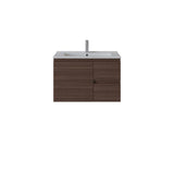 A modern wall-mounted bathroom vanity with a dark brown wood-grain cabinet, a white integrated sink basin, and a tall chrome faucet, shown against a plain white background.
