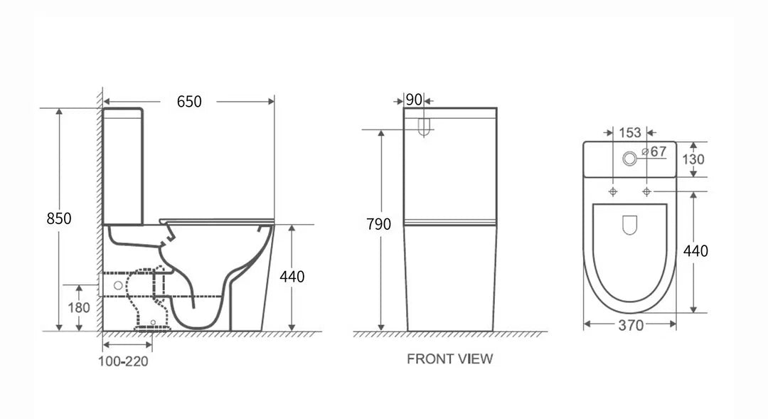 Technical drawing of a toilet with dimensions labeled