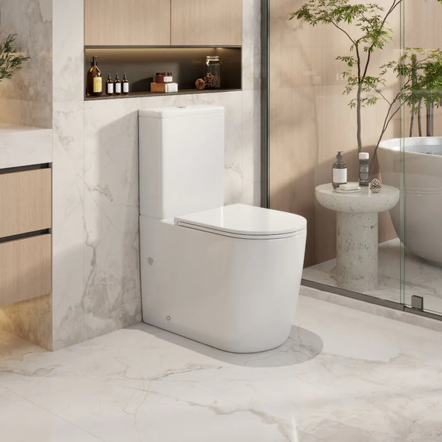 Modern bathroom with a white toilet and decorative elements.
