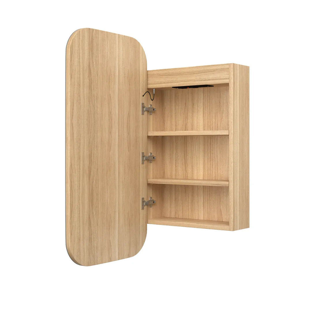 Wooden medicine cabinet with open door on a white background