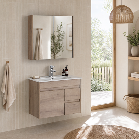 A floating bathroom vanity with a light wood cabinet, white countertop, integrated sink, and matching mirror cabinet, shown in a bright modern bathroom with tiled walls and a window view.