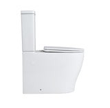 A modern white wall-mounted toilet with a closed seat and a tall, rectangular tank, shown from a side profile view against a solid white background.
