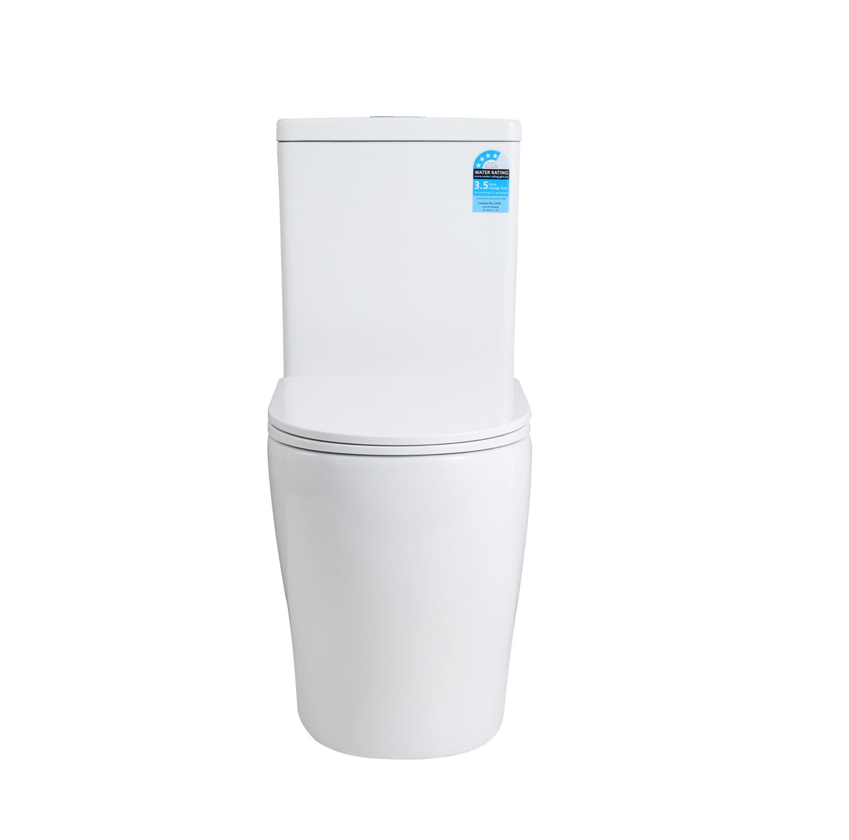 A modern white ceramic one-hole toilet with a closed lid and seat, featuring a blue and white energy efficiency sticker on the upper right of the tank, shown against a plain white background.
