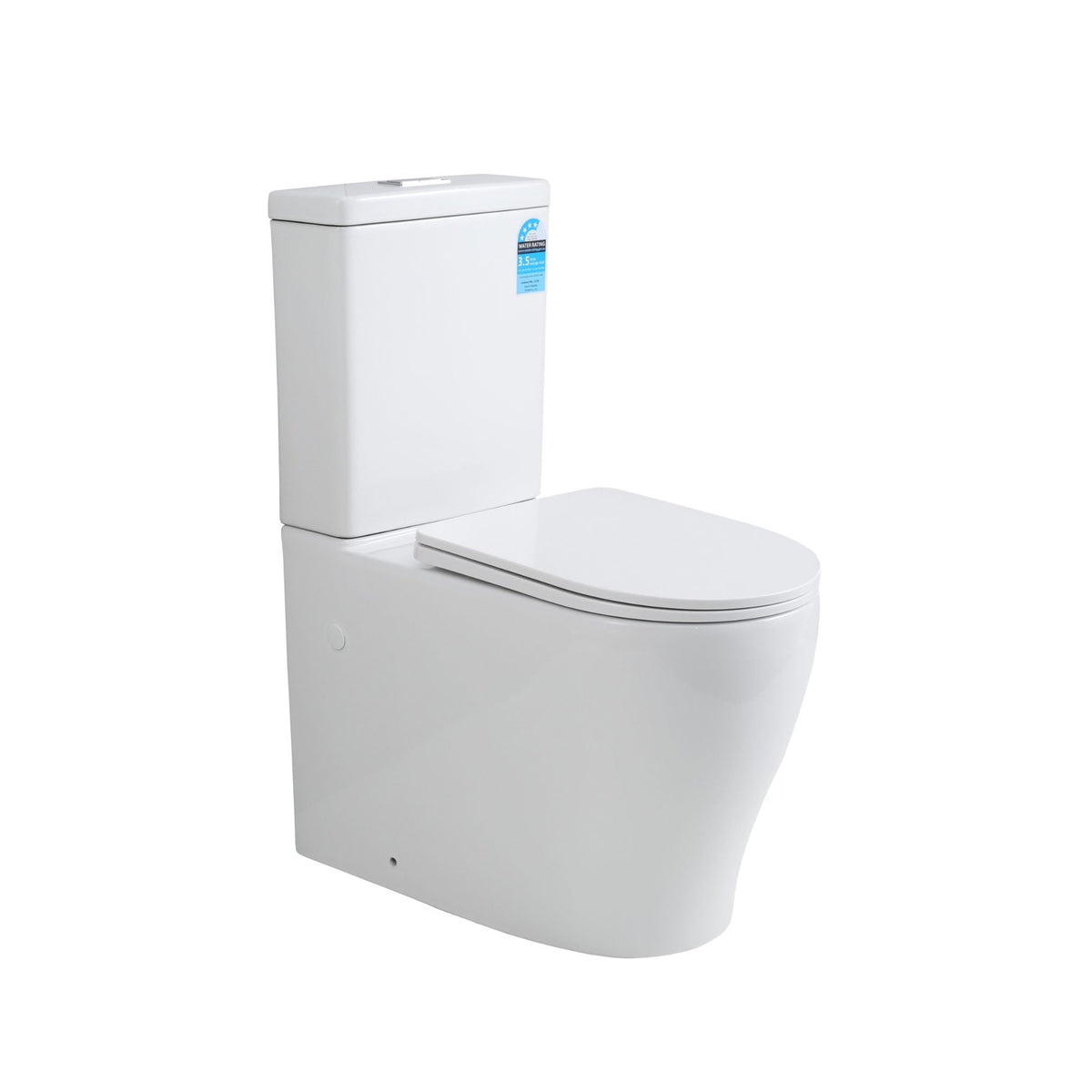 A modern white wall-mounted toilet with a closed lid and a small blue sticker on the side of the tank, shown against a plain white background.