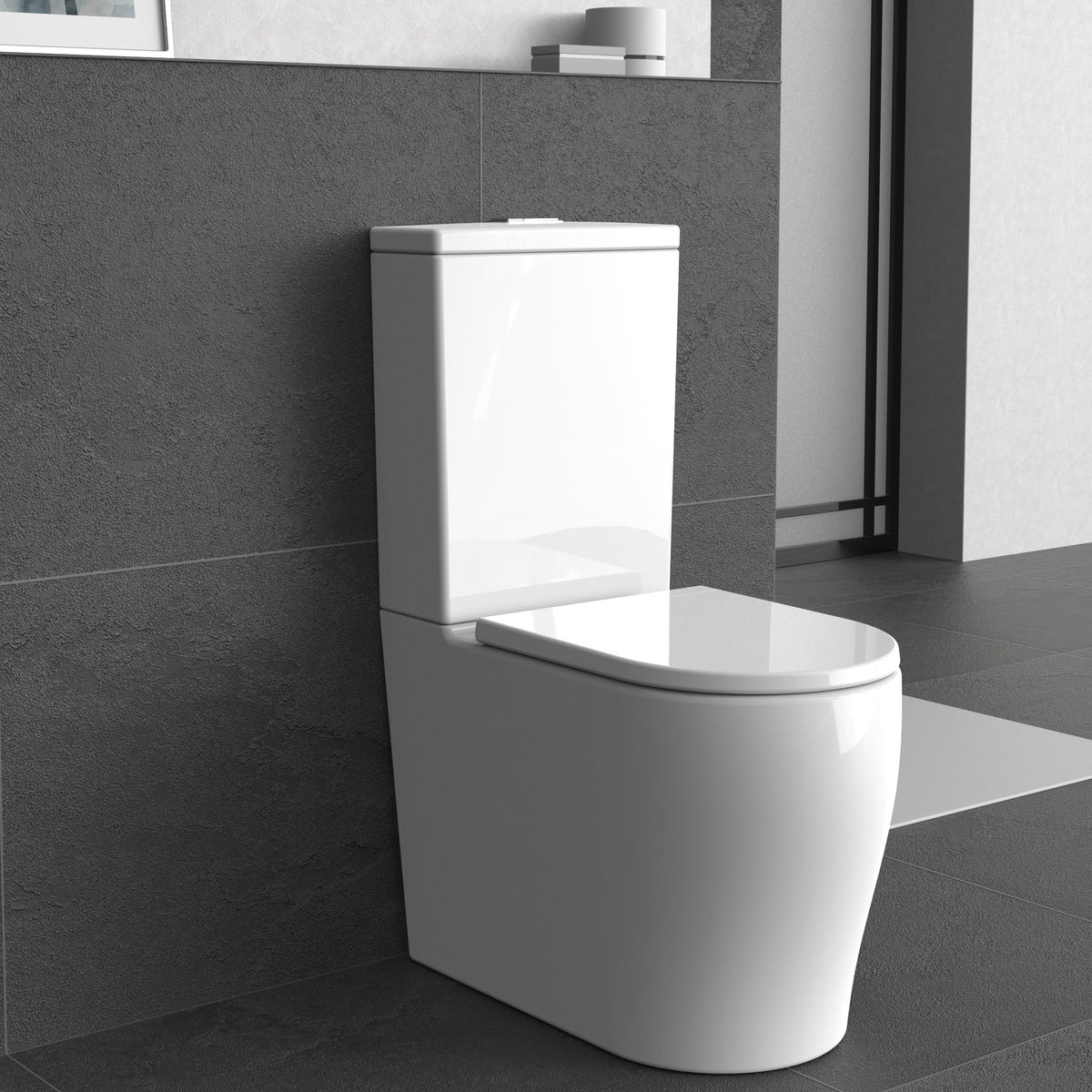 Modern toilet in a bathroom with gray tiles