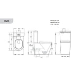 Technical dimension drawing of a wall-mounted toilet bowl with front, side, and back views, including measurements and part numbers on a white background.