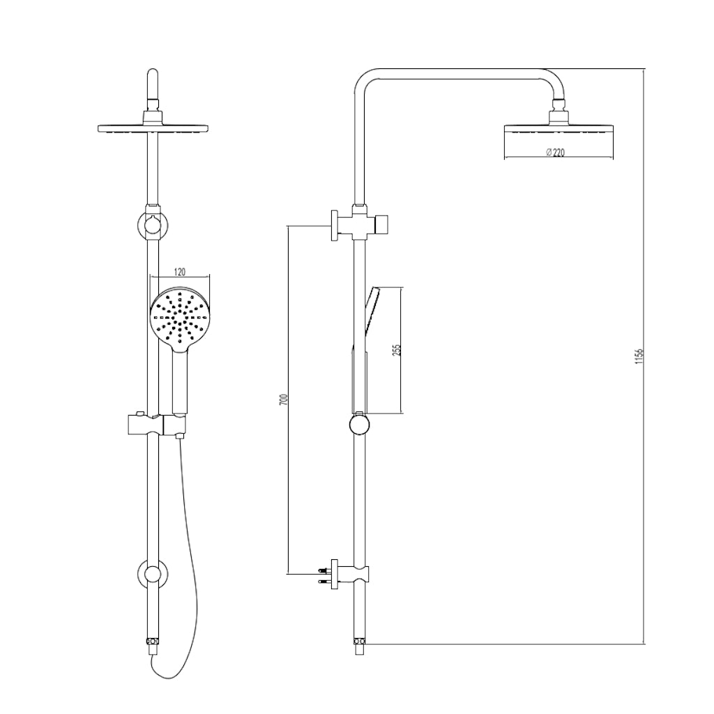 Sanctuary Overhead Shower Hand Rail-Combo - Round Black