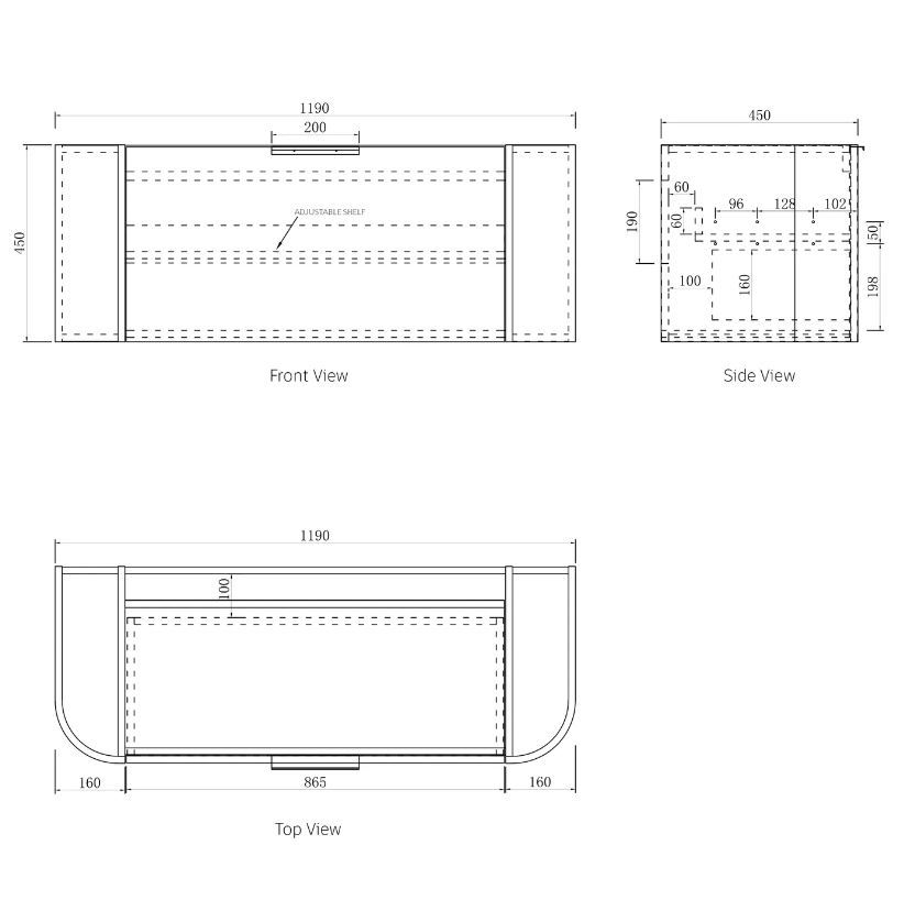 Bondi Wall Hung Fluted Vanity Curve 1200mm - White drawing