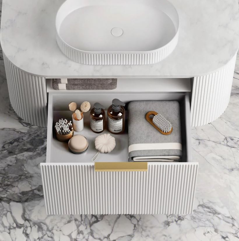 Front view of open Bondi Wall Hung Fluted Vanity Curve 1200mm - White front 