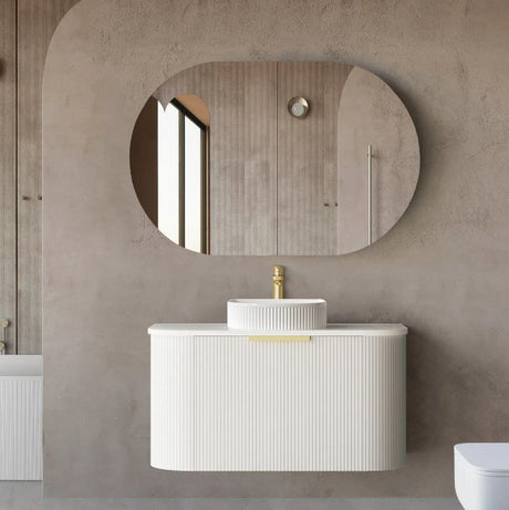 Bathroom with installed shaving cabinet and Bondi Wall Hung Fluted Vanity Curve 900mm - White