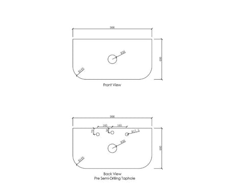 Bondi Wall Hung Fluted Vanity Curve 900mm - White top drawing