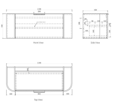 Bondi Wall Hung Vanity Curve 1200mm - Black Oak drawing