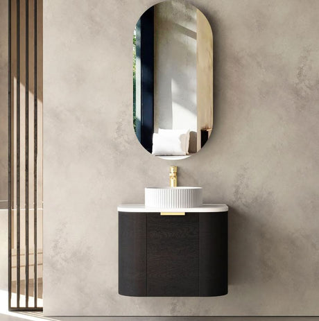 bathroom with installed mirror and Bondi Wall Hung Vanity Curve 600mm - Black Oak