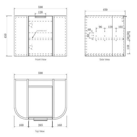 Bondi Wall Hung Vanity Curve 600mm - Black Oak drawing