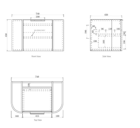 Bondi Wall Hung Vanity Curve 750mm - Black Oak drawing