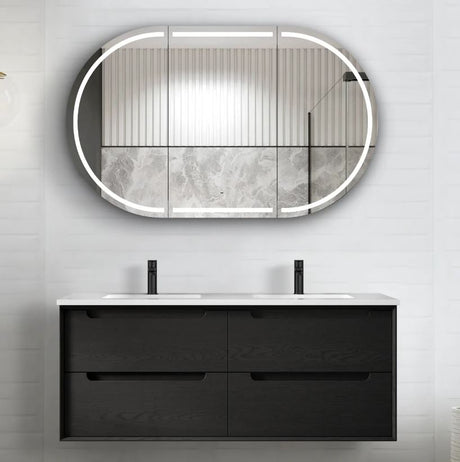 bathroom with installed horizontal shaving cabinet with mirror and wall hung Byron Double Bowl Vanity 1200mm - Black Oak