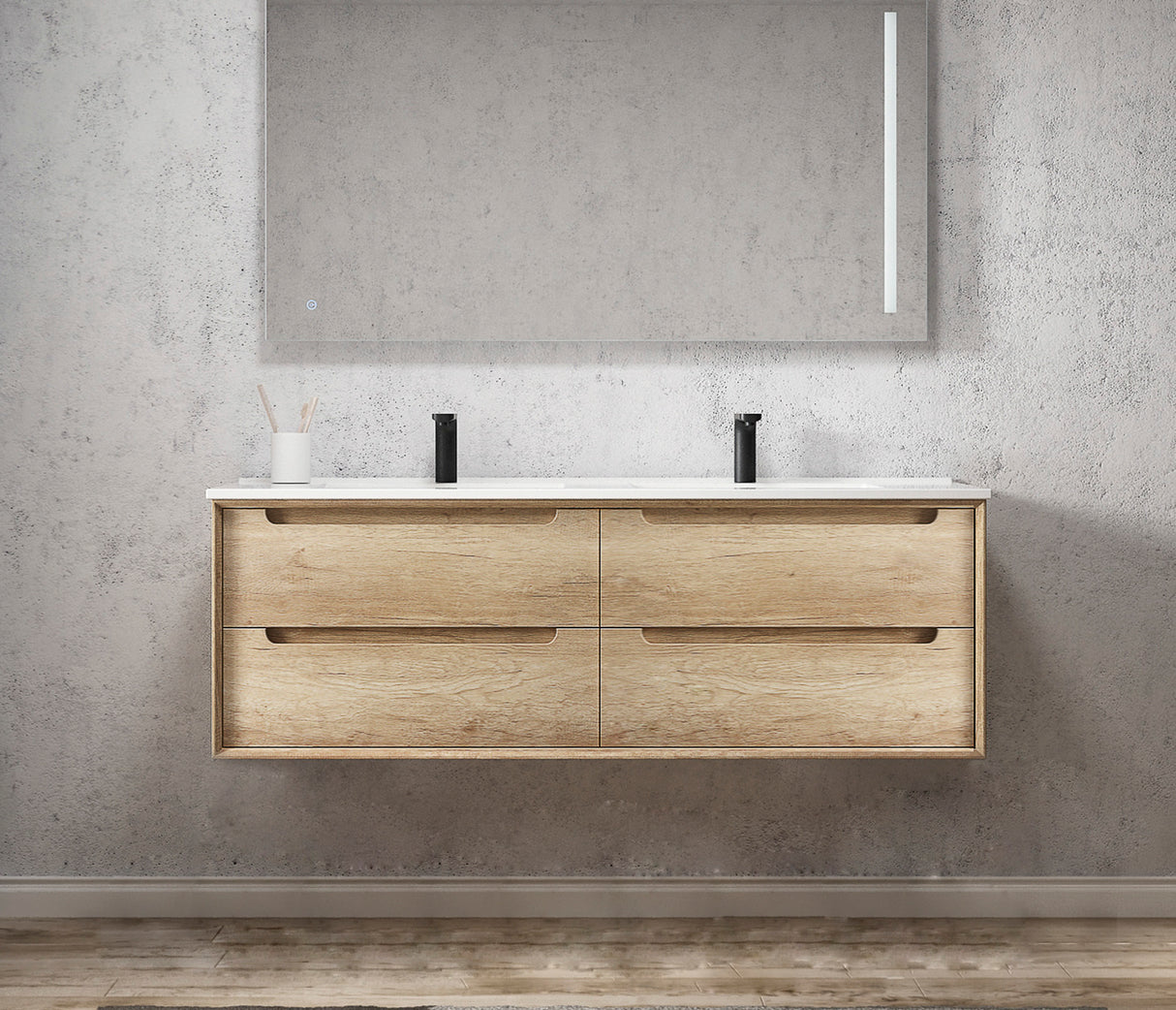 Bathroom with mirror and Byron Vanity 1500mm - Wood Grain Oak