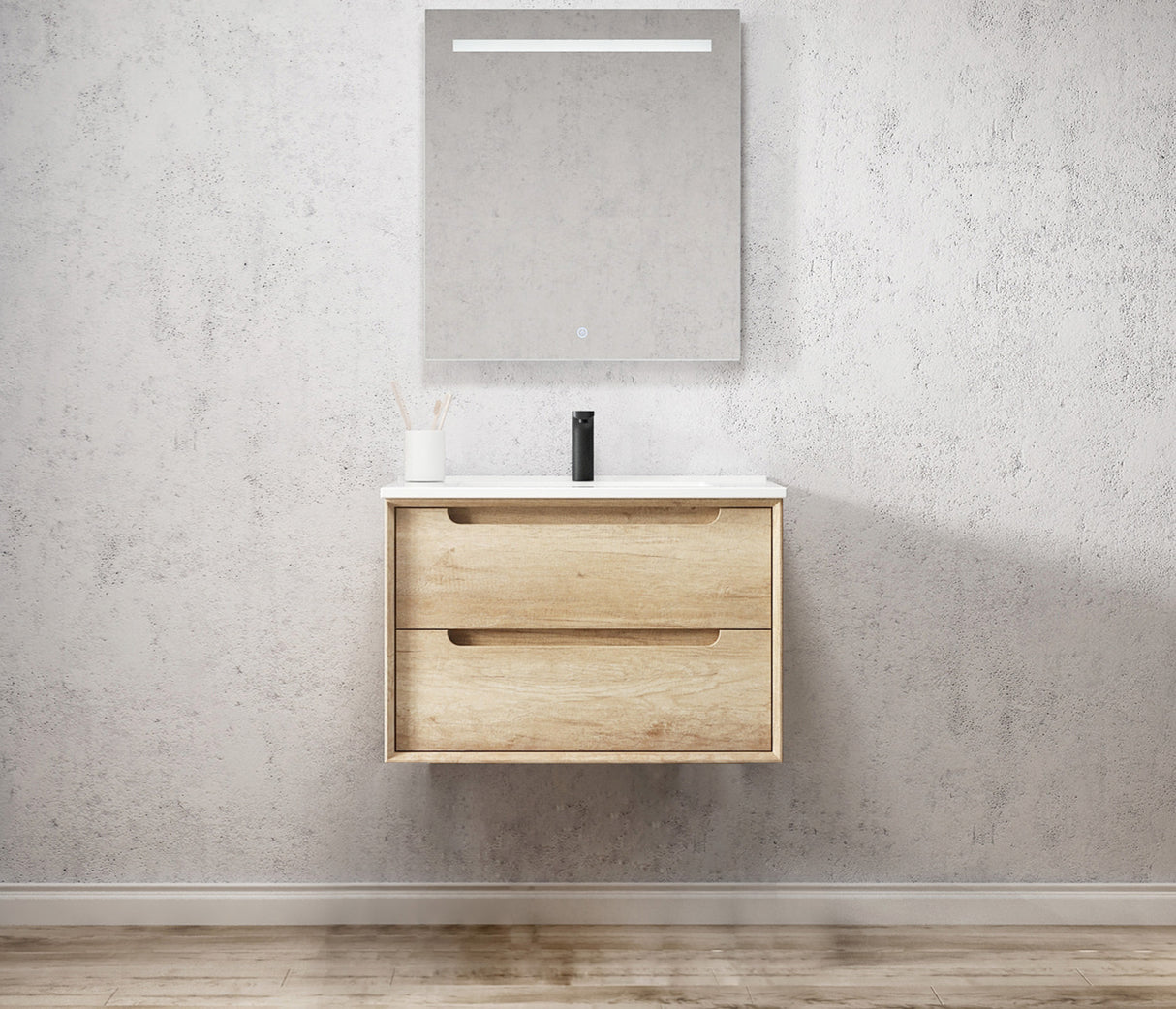 Wall hung mirror and wall hung Byron Vanity 750mm - Wood Grain Oak