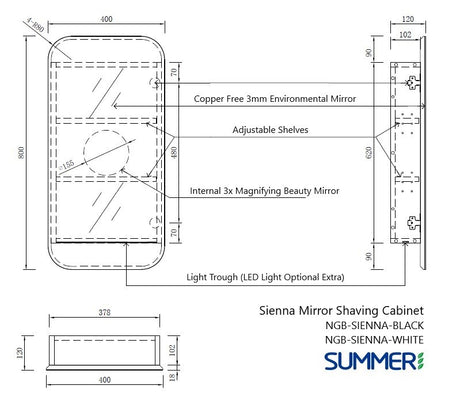 Sienna Rectangle Shaving Cabinet (Black) 800 x 400mm