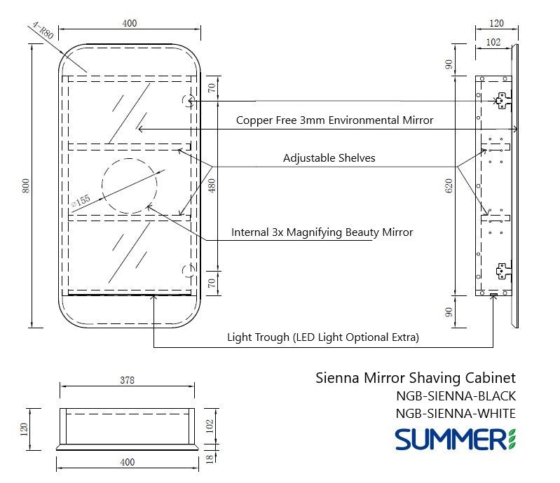 Sienna Rectangle Shaving Cabinet (White) 800 x 400mm