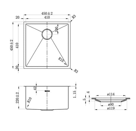 AXON Single Bowl Sink - Gun Metal 450 x 450 x 220mm