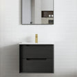 bathroom with white tile, ounted black framed mirror, wall hung Byron Vanity 600mm - Black Oak