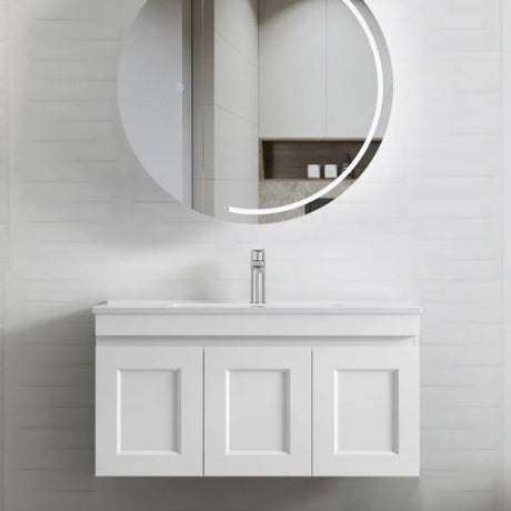 Circular frameless mirror and wall hung Hampton MKII Vanity 900mm - Matte White