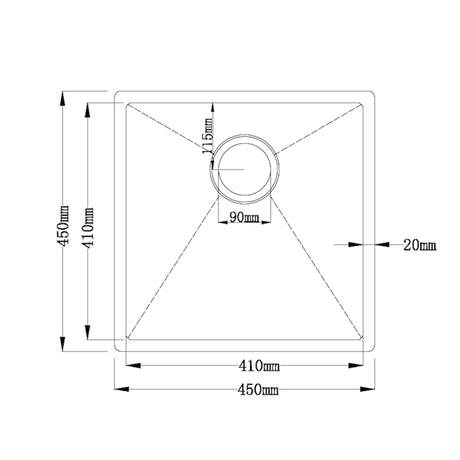 Zen Single Kitchen Sink 450mm - Stainless Steel drawing