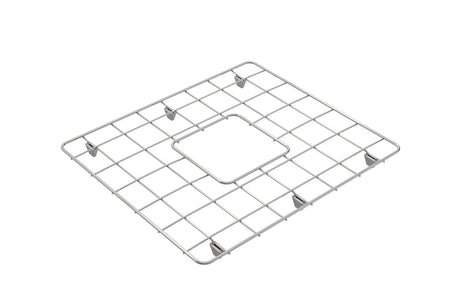 A stainless steel protective grid designed to fit inside a kitchen sink, with a square cut-out in the center.
