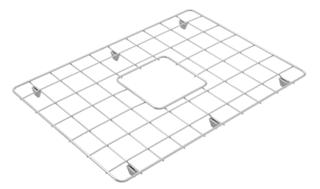 A stainless steel protective grid designed to fit inside a kitchen sink, with a cut-out in the center for the sink's faucet.