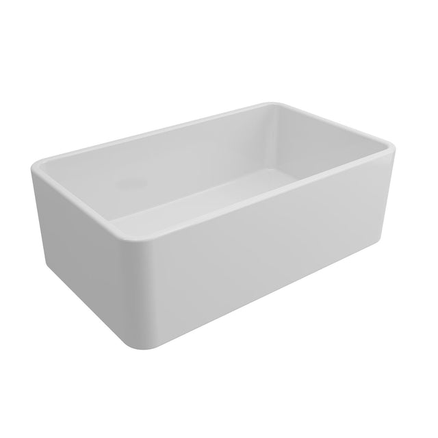 A white gloss finish fireclay Butler sink with a rectangular shape, designed for kitchen use.