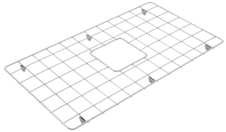 A silver stainless steel protective grid designed to fit a kitchen sink, featuring a series of holes for drainage and a central rectangular area for compatibility with a specific sink model.